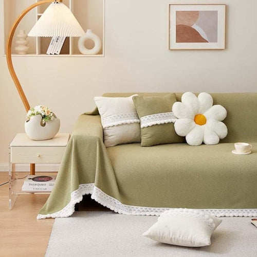 Helvano | Chenille-Sofaüberwurf mit Spitzenborte