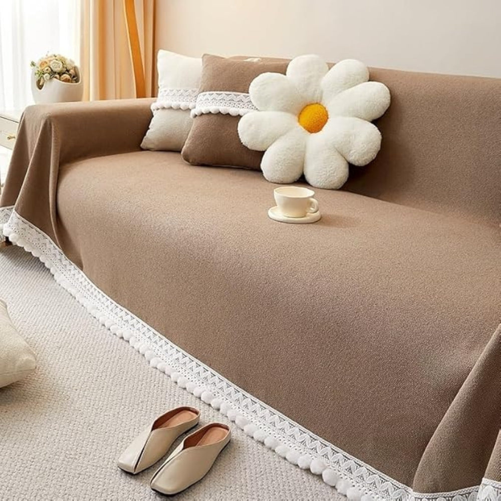 Helvano | Chenille-Sofaüberwurf mit Spitzenborte