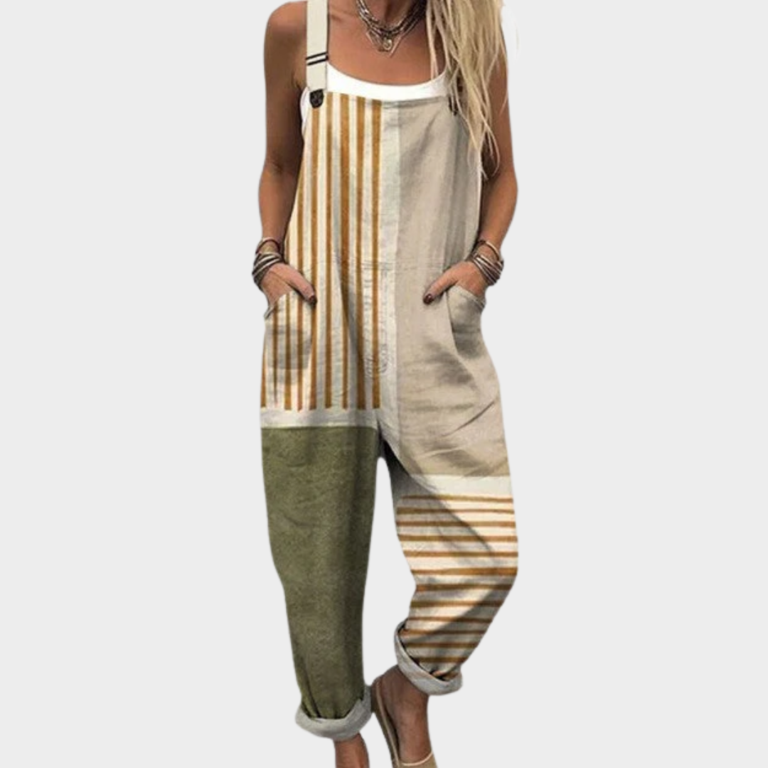 Helvano | Gestreifter Latzhosen-Jumpsuit für Damen in Beige
