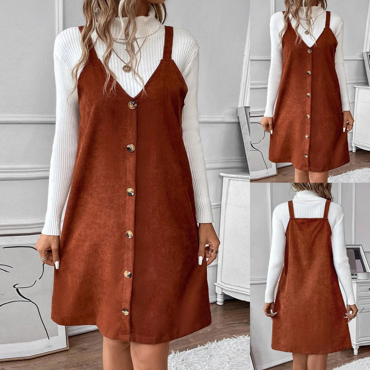 Helvano | Cordkleid mit Trägern und V-Ausschnitt in Braun