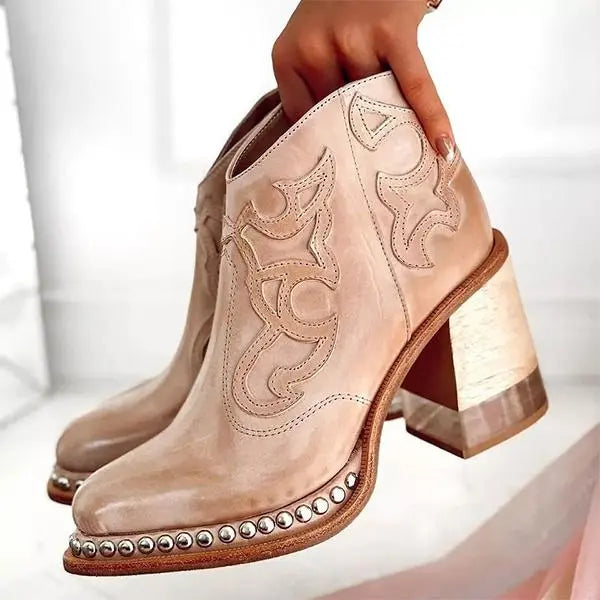 Helvano | Bestickte Lederstiefel mit Blockabsatz für Damen