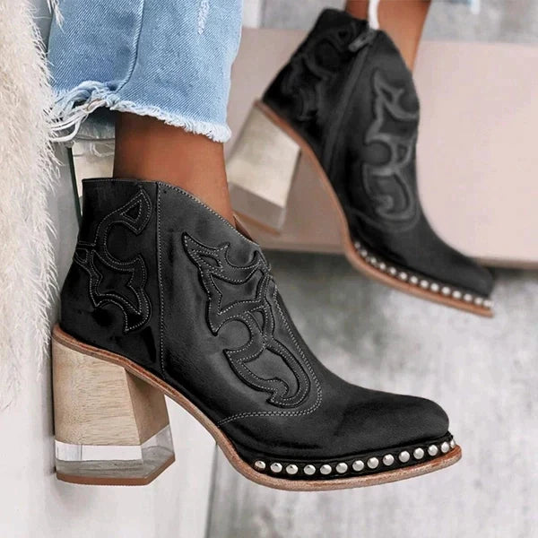 Helvano | Bestickte Lederstiefel mit Blockabsatz für Damen