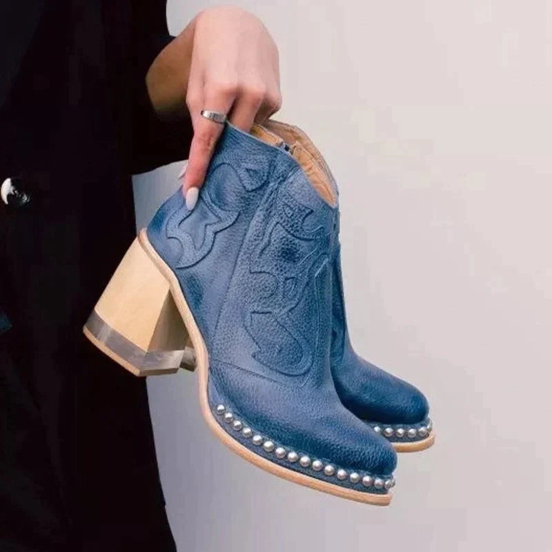 Helvano | Bestickte Lederstiefel mit Blockabsatz für Damen