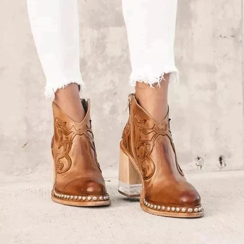 Helvano | Bestickte Lederstiefel mit Blockabsatz für Damen