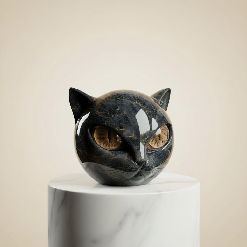 Helvano | Schwarze Katzenkopf-Skulptur mit hypnotischen Augen