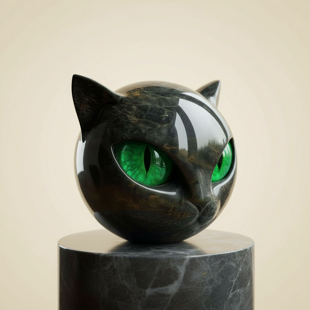 Helvano | Schwarze Katzenkopf-Skulptur mit hypnotischen Augen