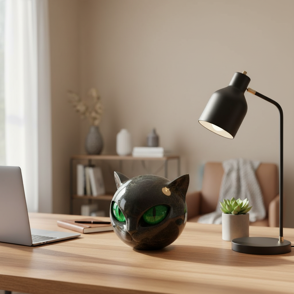 Helvano | Schwarze Katzenkopf-Skulptur mit hypnotischen Augen