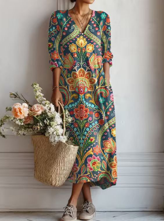 Helvano | Geblümtes Leinen-Midikleid für Damen