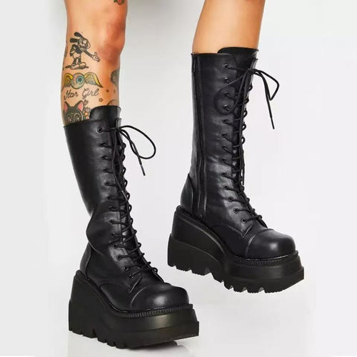 Helvano | Damen Schnürstiefel mit Plateauabsatz in Schwarz