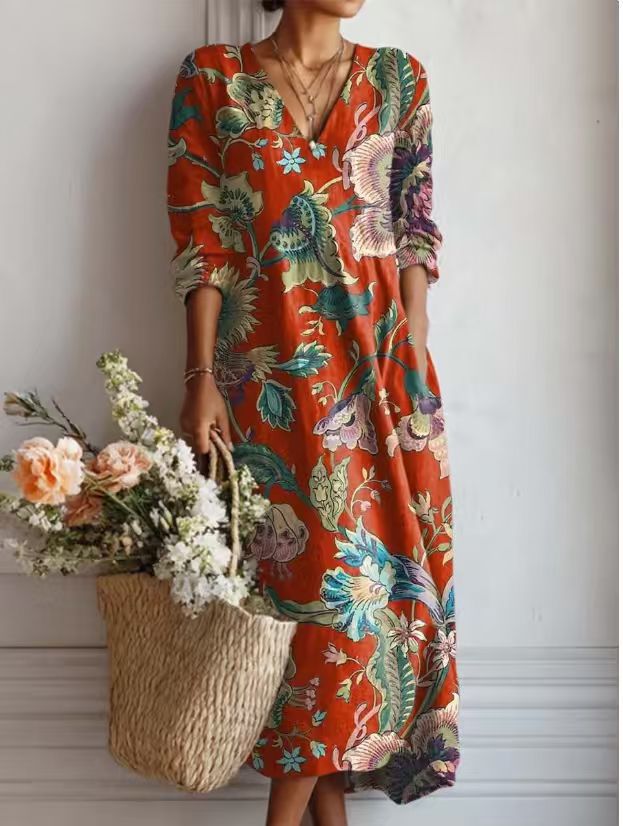 Helvano | Geblümtes Leinen-Midikleid für Damen