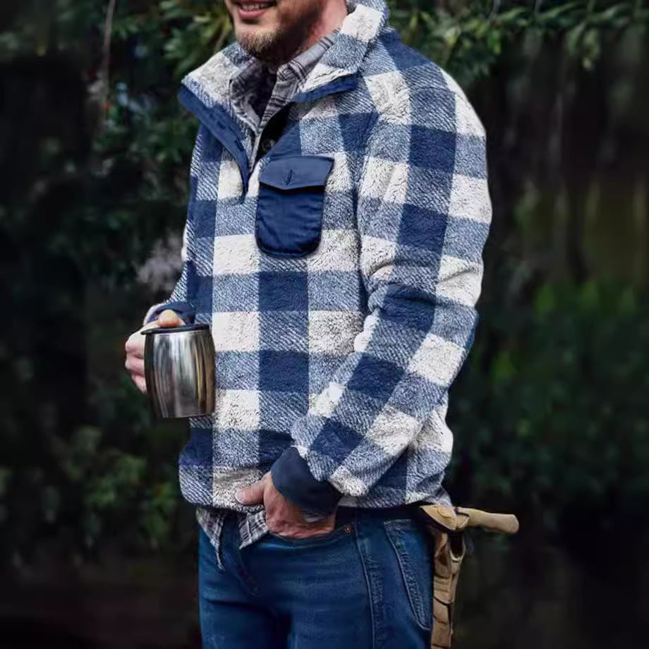 Helvano | Herren Fleece-Pullover mit Stehkragen und Karomuster