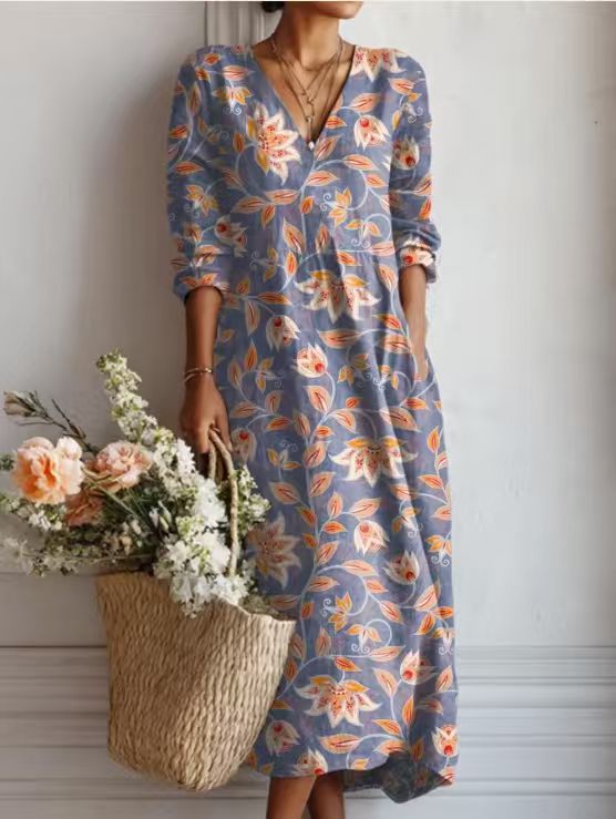 Helvano | Geblümtes Leinen-Midikleid für Damen