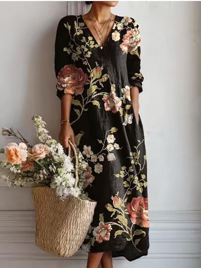 Helvano | Geblümtes Leinen-Midikleid für Damen