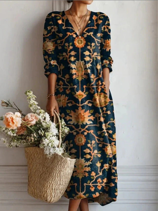 Helvano | Geblümtes Leinen-Midikleid für Damen