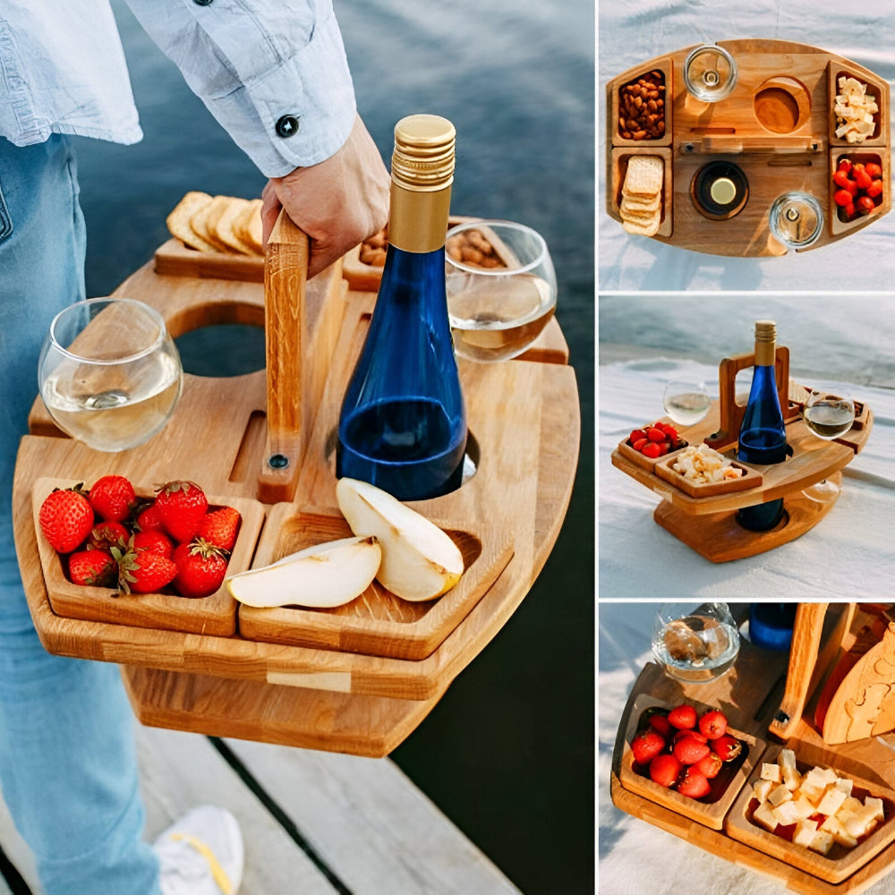 Helvano | Klappbarer Picknicktisch aus Holz mit Weinglashaltern