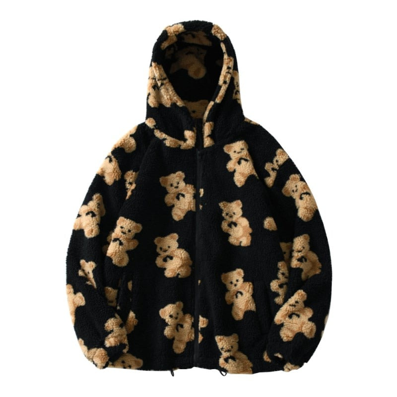 Helvano | Plüschjacke mit Kapuze und Bärendruck für Damen