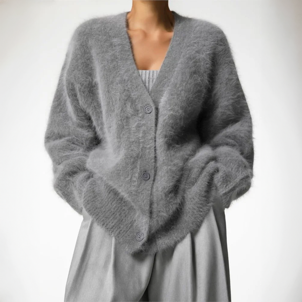 Helvano | Flauschige Damen-Strickjacke mit V-Ausschnitt
