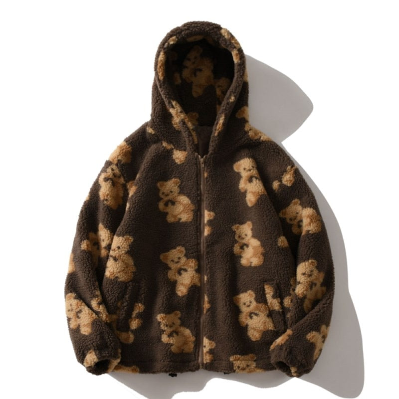 Helvano | Plüschjacke mit Kapuze und Bärendruck für Damen