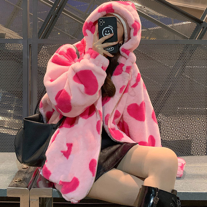 Helvano | Plüschjacke mit Kapuze und Bärendruck für Damen