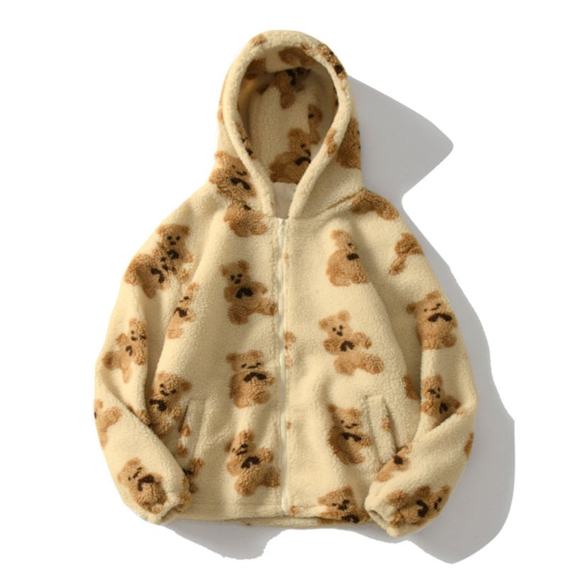 Helvano | Plüschjacke mit Kapuze und Bärendruck für Damen