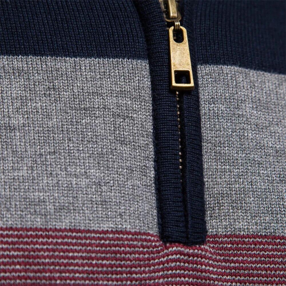 Helvano | Herren Streifen-Strickpullover mit Halbreissverschluss