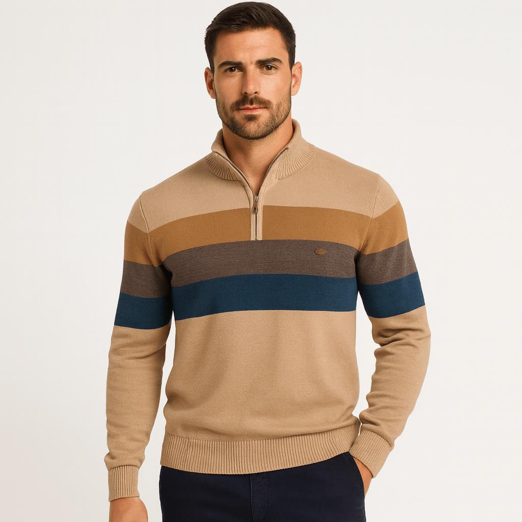 Helvano | Herren Streifen-Strickpullover mit Halbreissverschluss