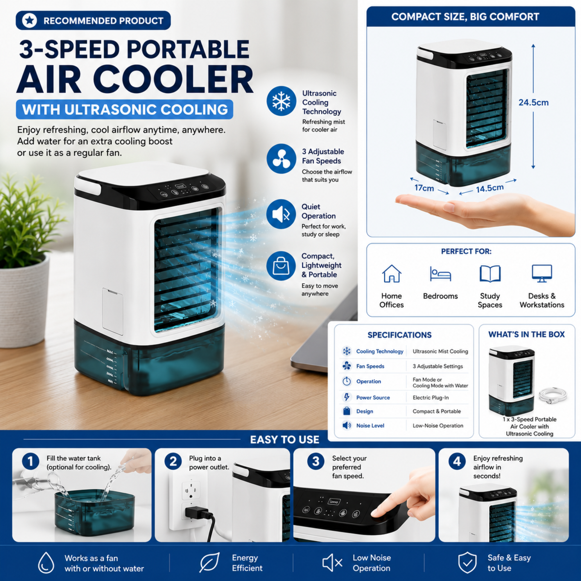 Helvano | Mobiler Mini-Klimalüfter mit 3 Stufen
