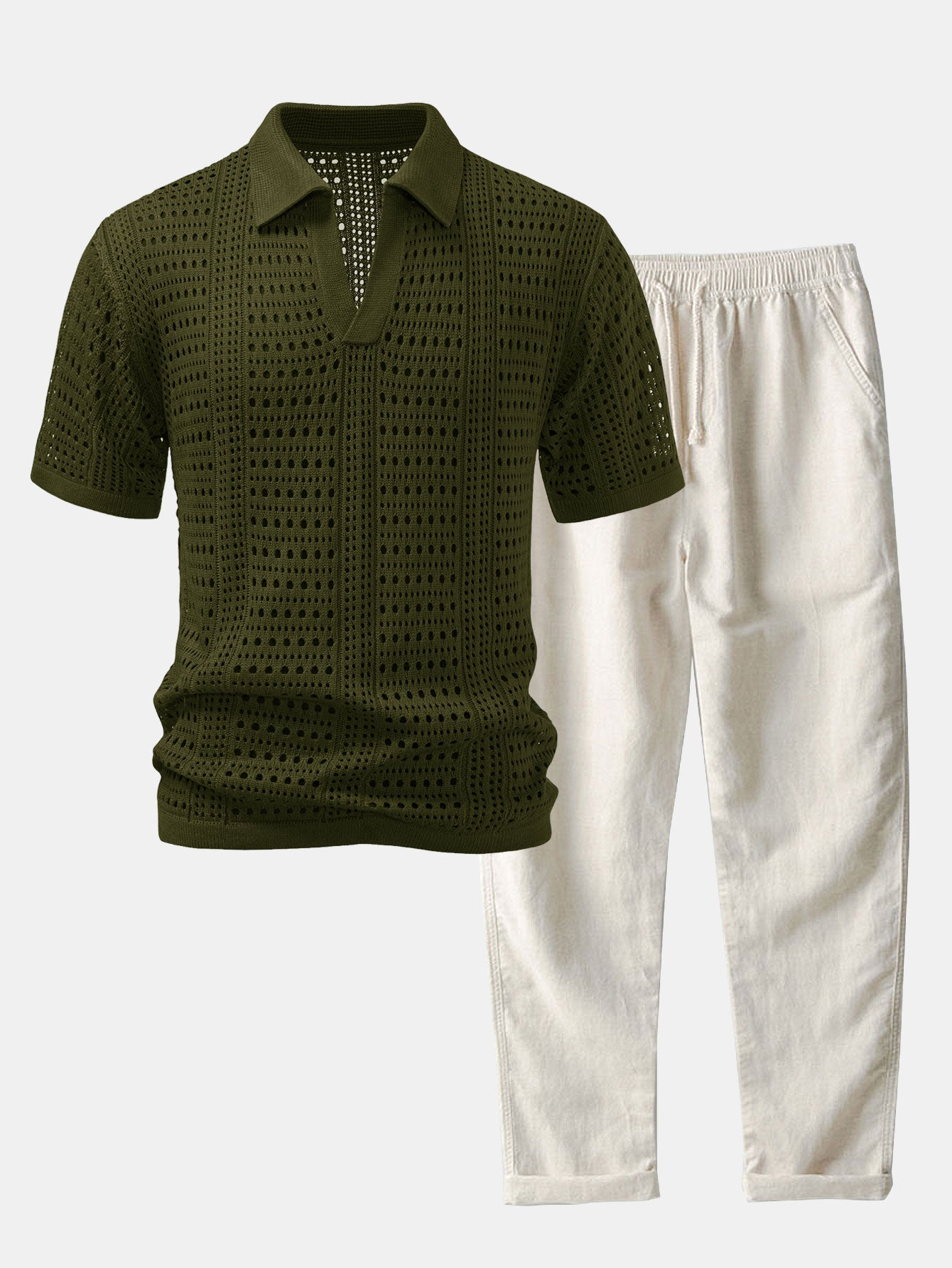 Helvano | Herren-Set Häkel-Poloshirt mit V-Ausschnitt &amp; Leinenhose