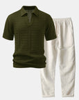 Helvano | Herren-Set Häkel-Poloshirt mit V-Ausschnitt & Leinenhose
