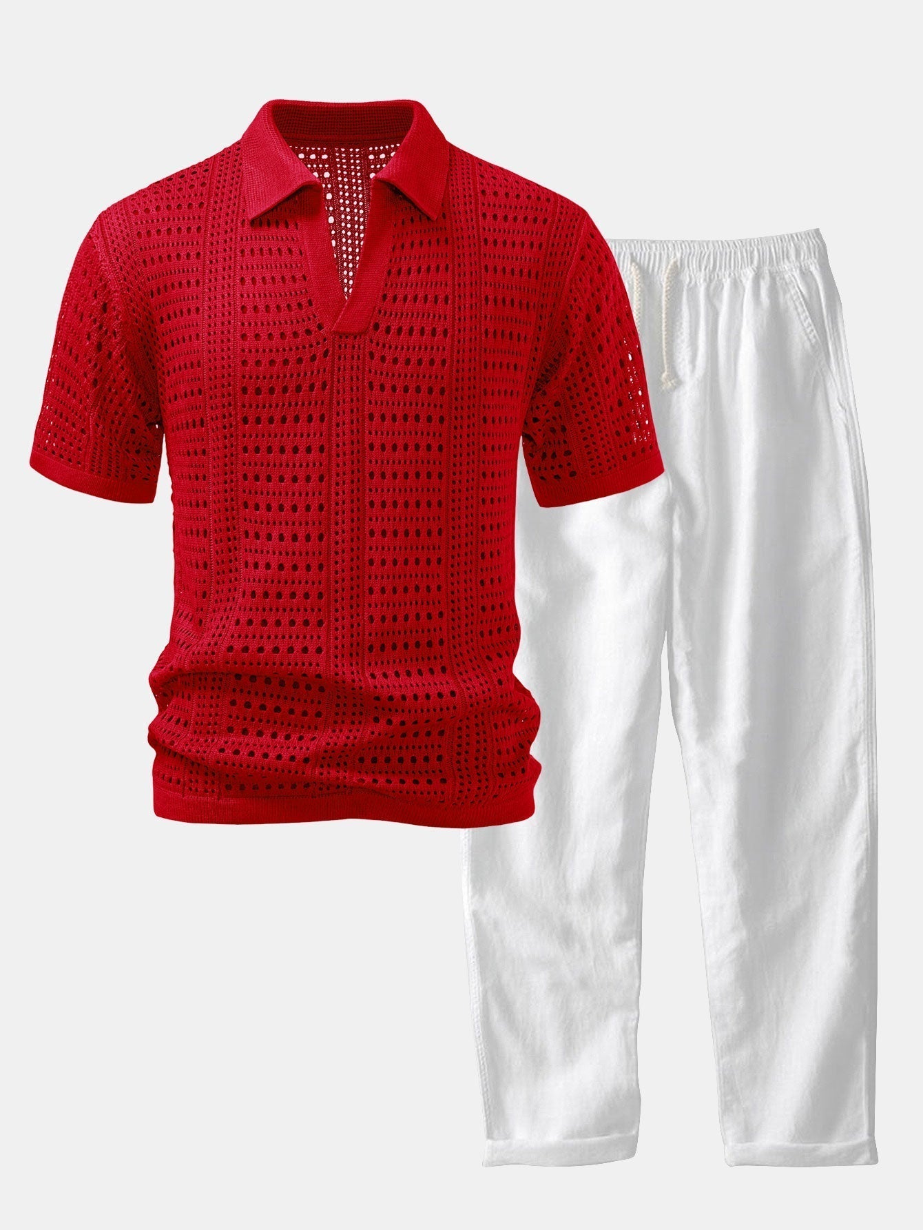 Helvano | Herren-Set Häkel-Poloshirt mit V-Ausschnitt &amp; Leinenhose