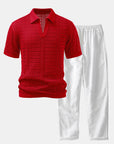 Helvano | Herren-Set Häkel-Poloshirt mit V-Ausschnitt & Leinenhose
