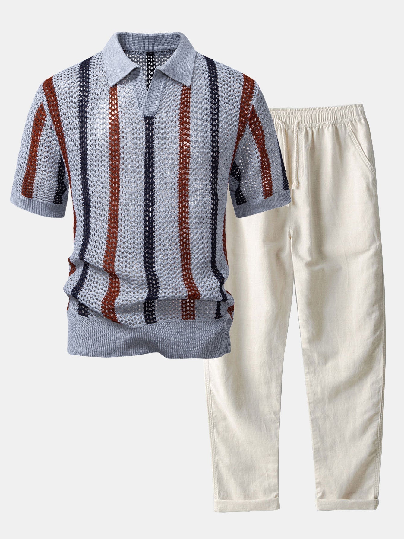 Helvano | Herren Set Häkel-Poloshirt &amp; Leinenhose