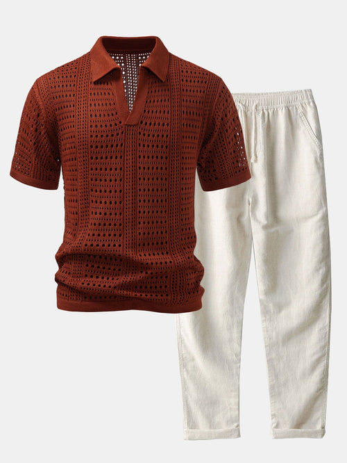 Helvano | Herren-Set Häkel-Poloshirt mit V-Ausschnitt & Leinenhose