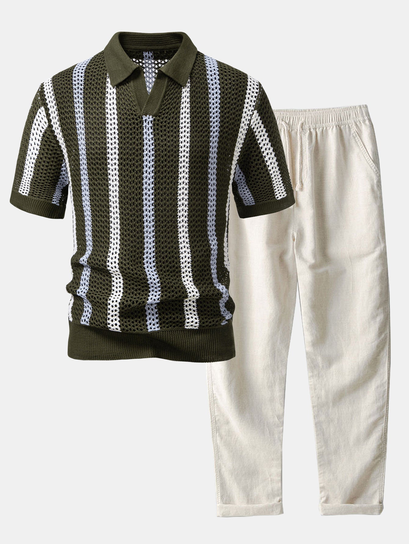 Helvano | Herren Set Häkel-Poloshirt &amp; Leinenhose