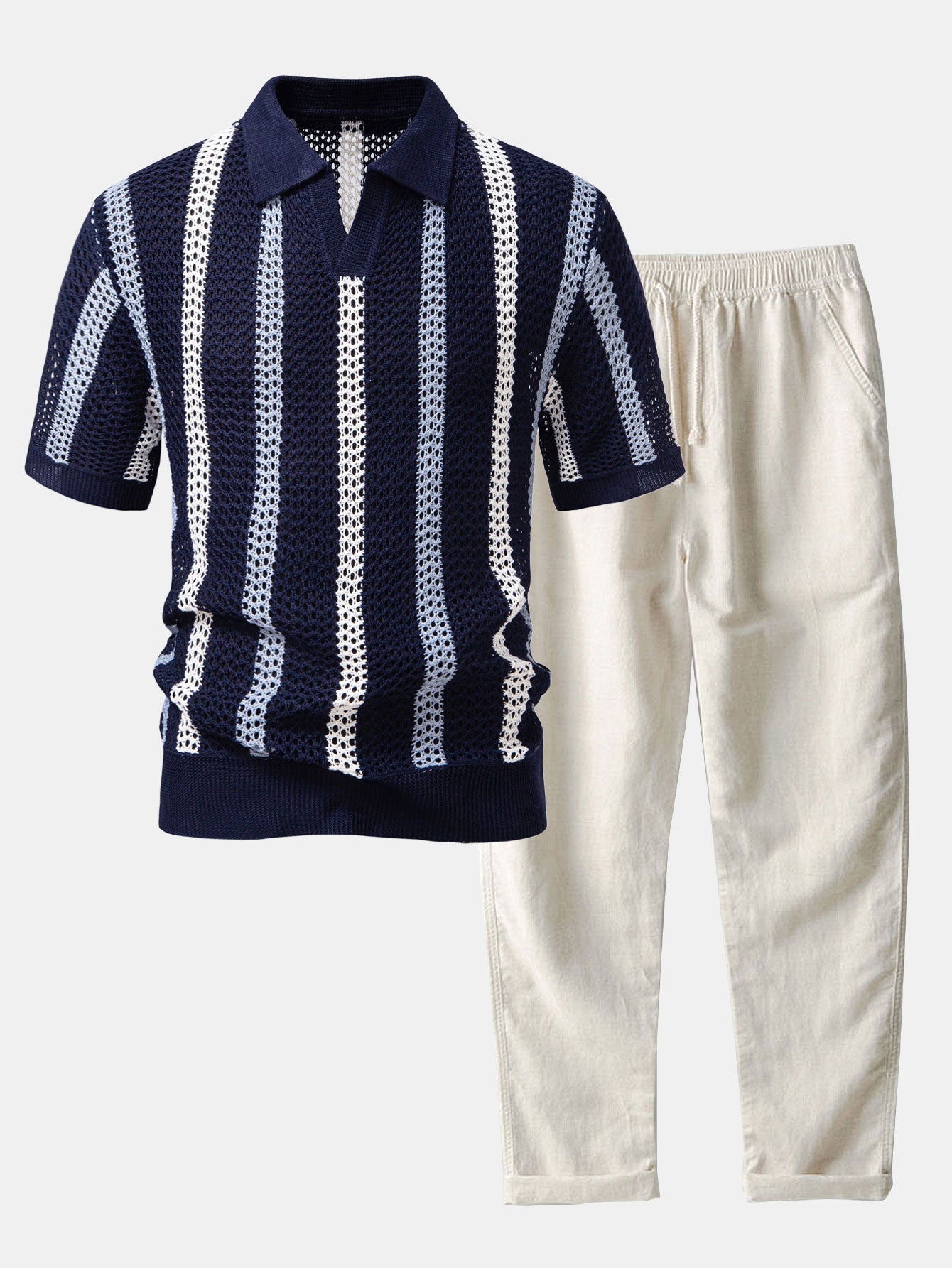 Helvano | Herren Set Häkel-Poloshirt &amp; Leinenhose