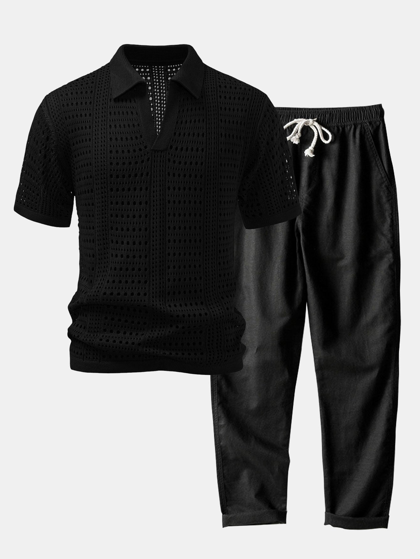 Helvano | Herren-Set Häkel-Poloshirt mit V-Ausschnitt &amp; Leinenhose