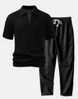 Helvano | Herren-Set Häkel-Poloshirt mit V-Ausschnitt & Leinenhose