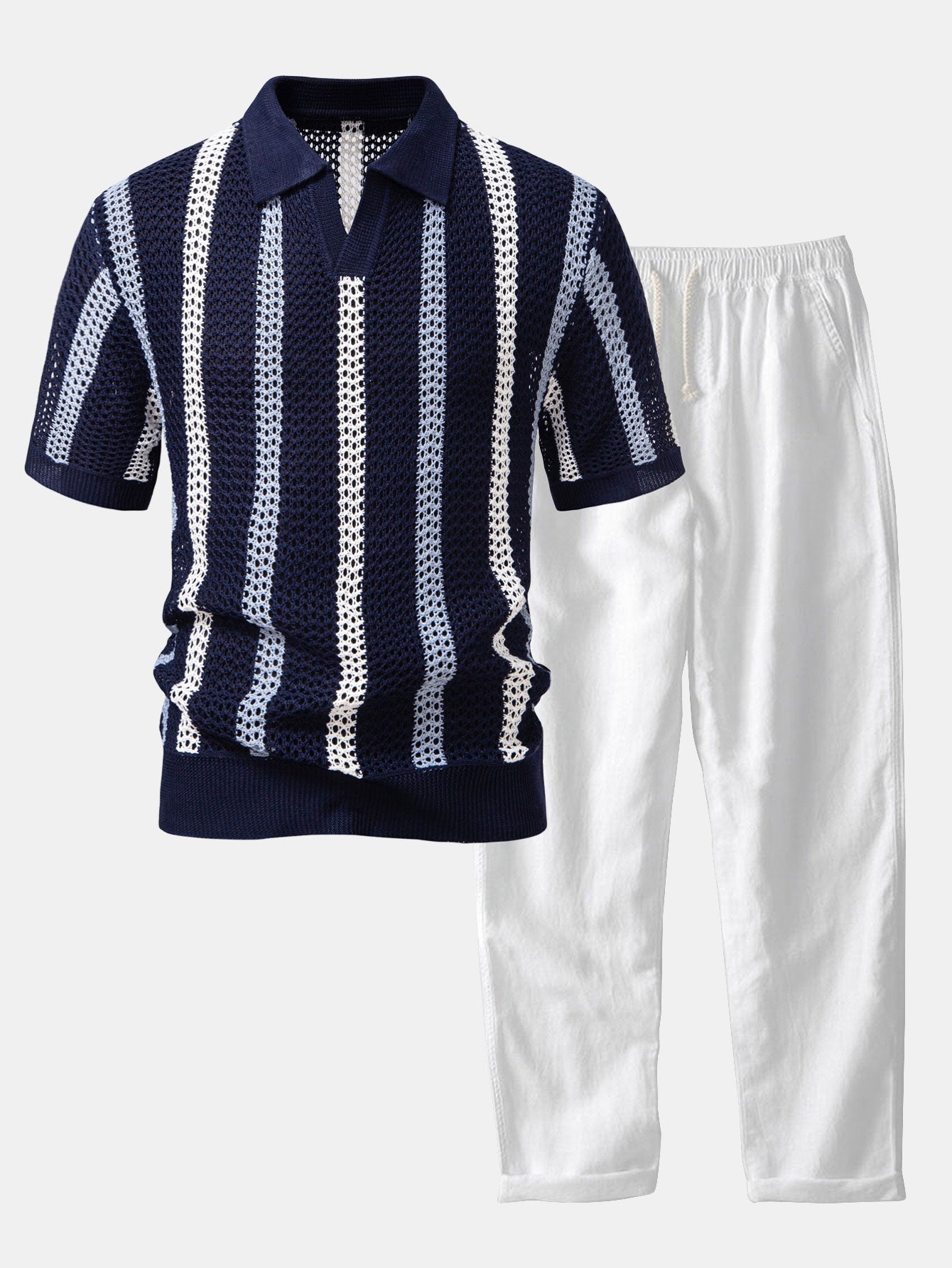 Helvano | Herren Set Häkel-Poloshirt &amp; Leinenhose
