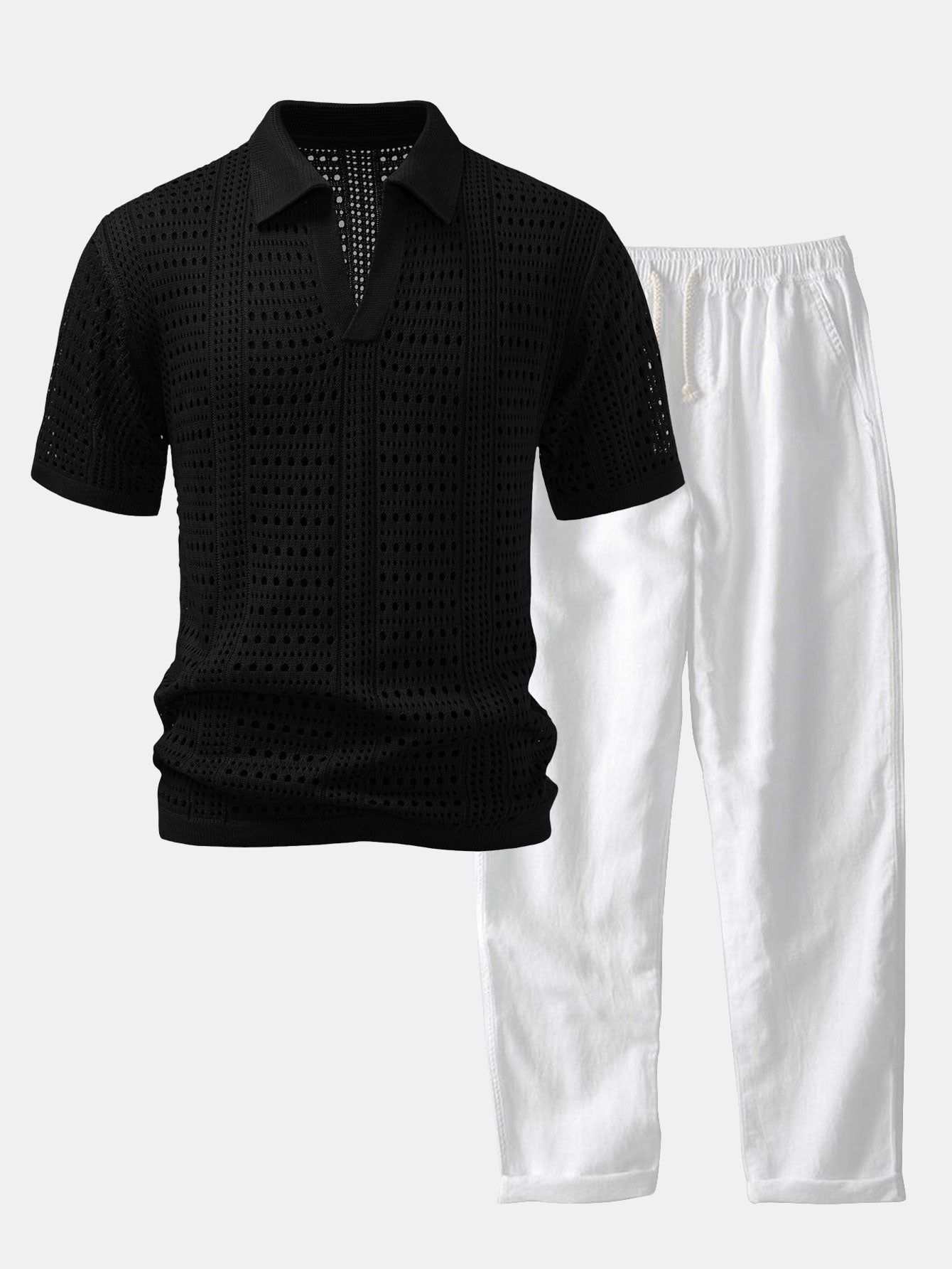 Helvano | Herren-Set Häkel-Poloshirt mit V-Ausschnitt &amp; Leinenhose