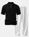 Helvano | Herren-Set Häkel-Poloshirt mit V-Ausschnitt & Leinenhose