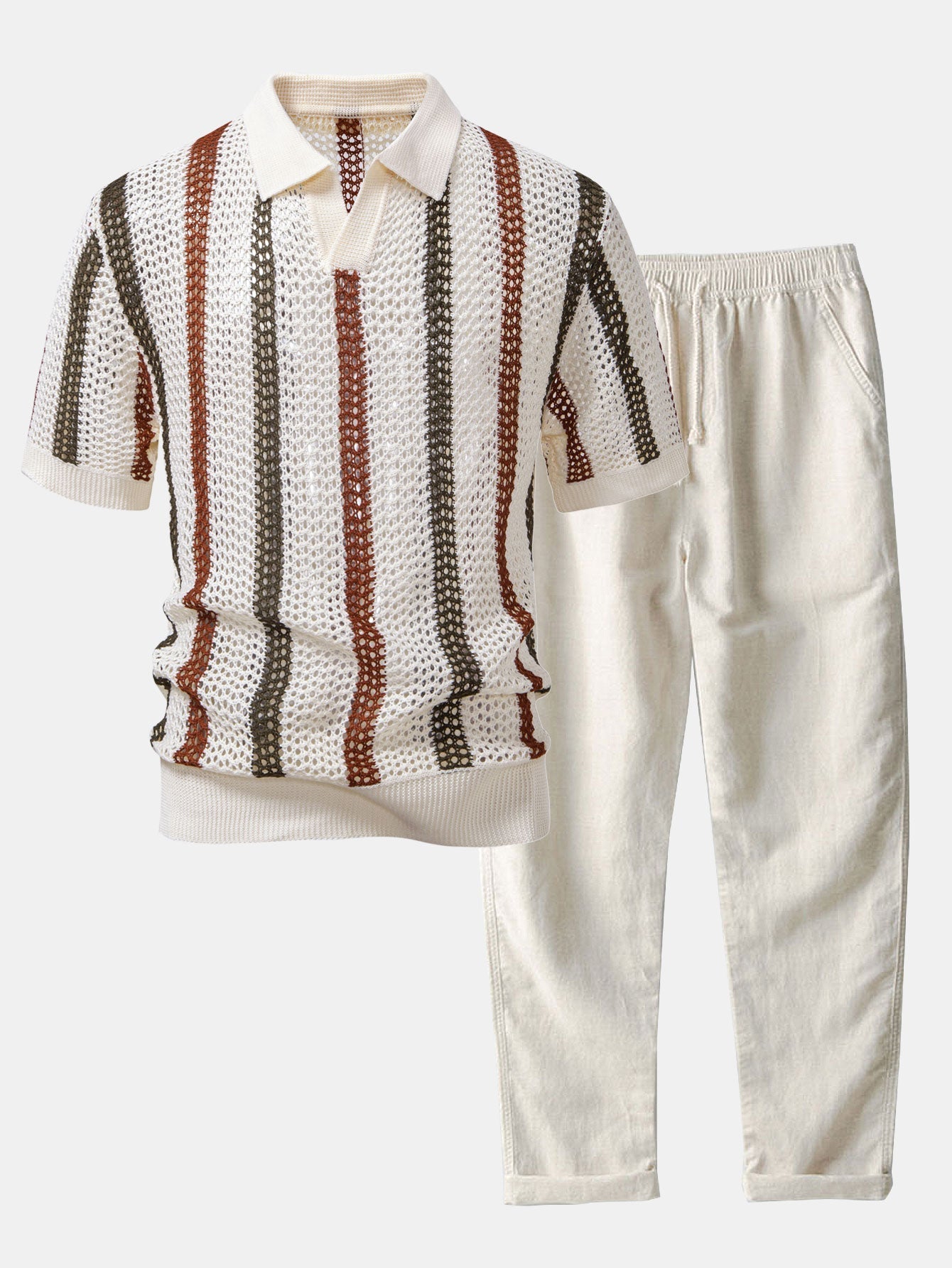 Helvano | Herren Set Häkel-Poloshirt &amp; Leinenhose