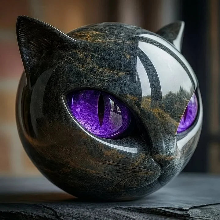 Helvano | Schwarze Katzenkopf-Skulptur mit hypnotischen Augen