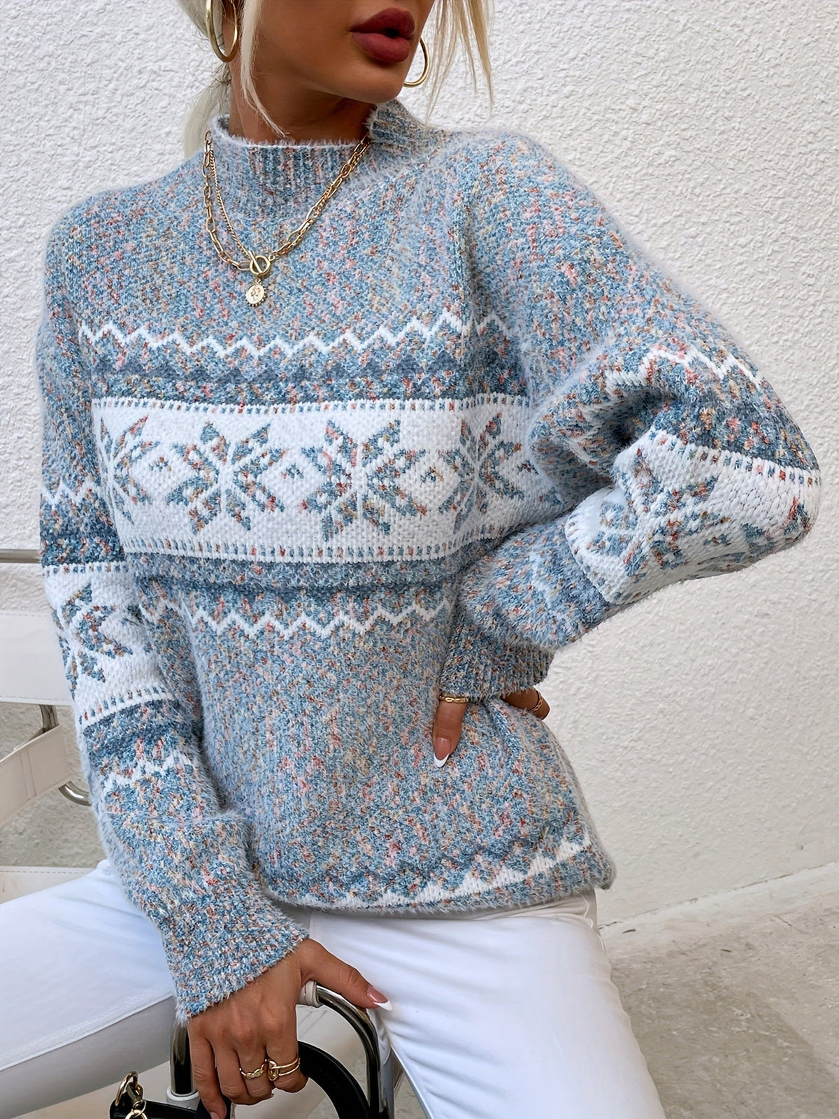 Helvano | Damen Strickpullover mit Stehkragen und Schneeflocken