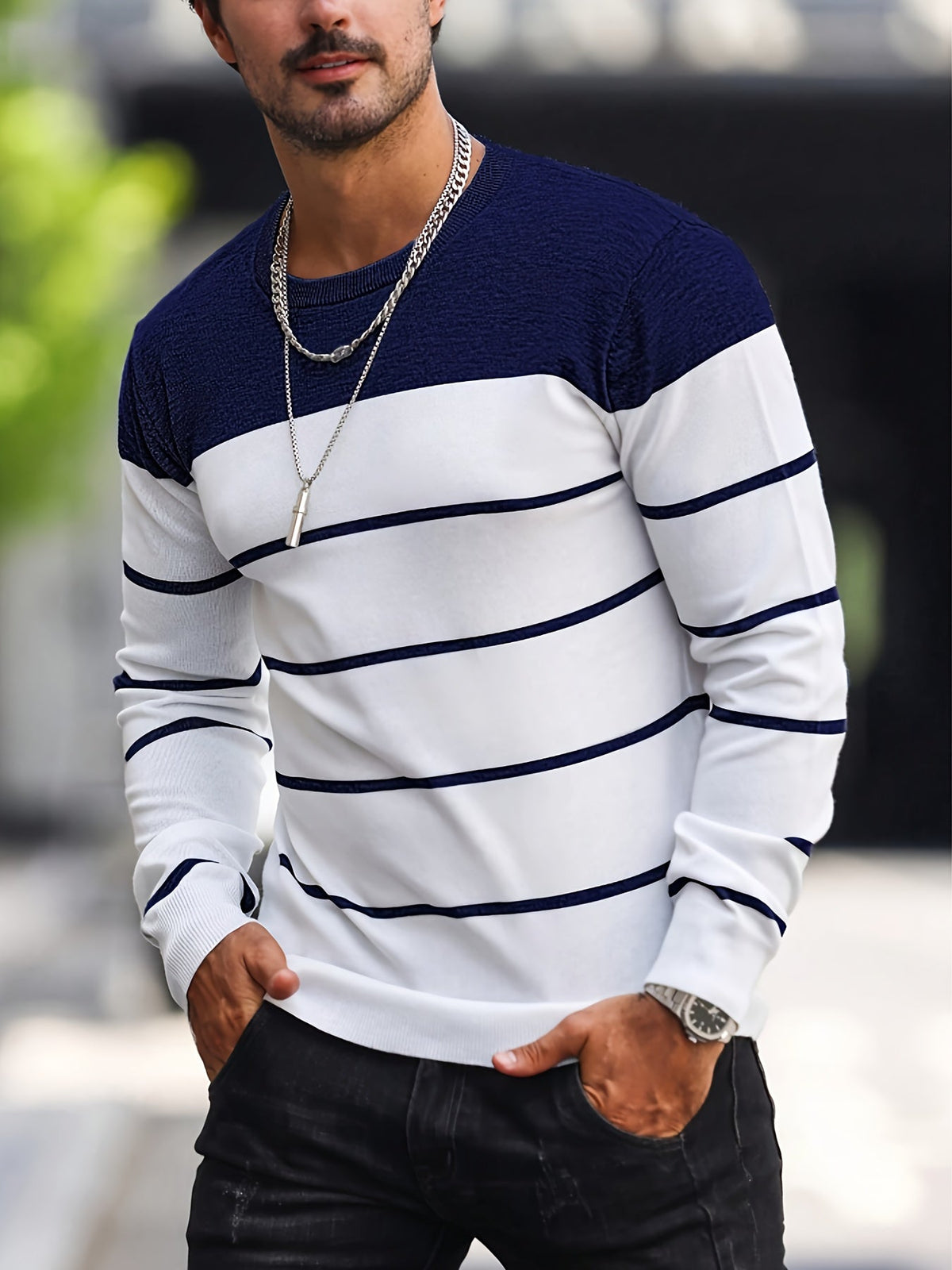 Helvano | Gestreifter Strickpullover mit Rundhals für Herren