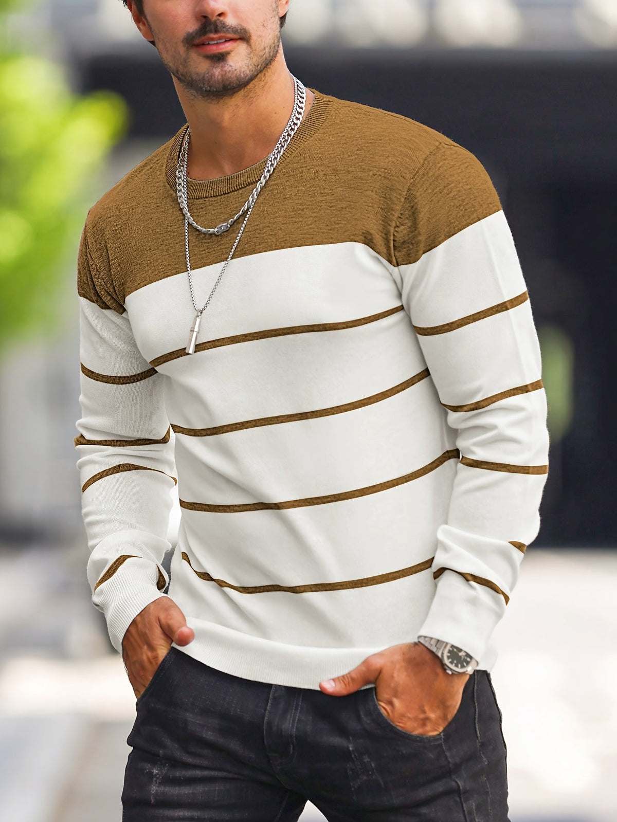 Helvano | Gestreifter Strickpullover mit Rundhals für Herren