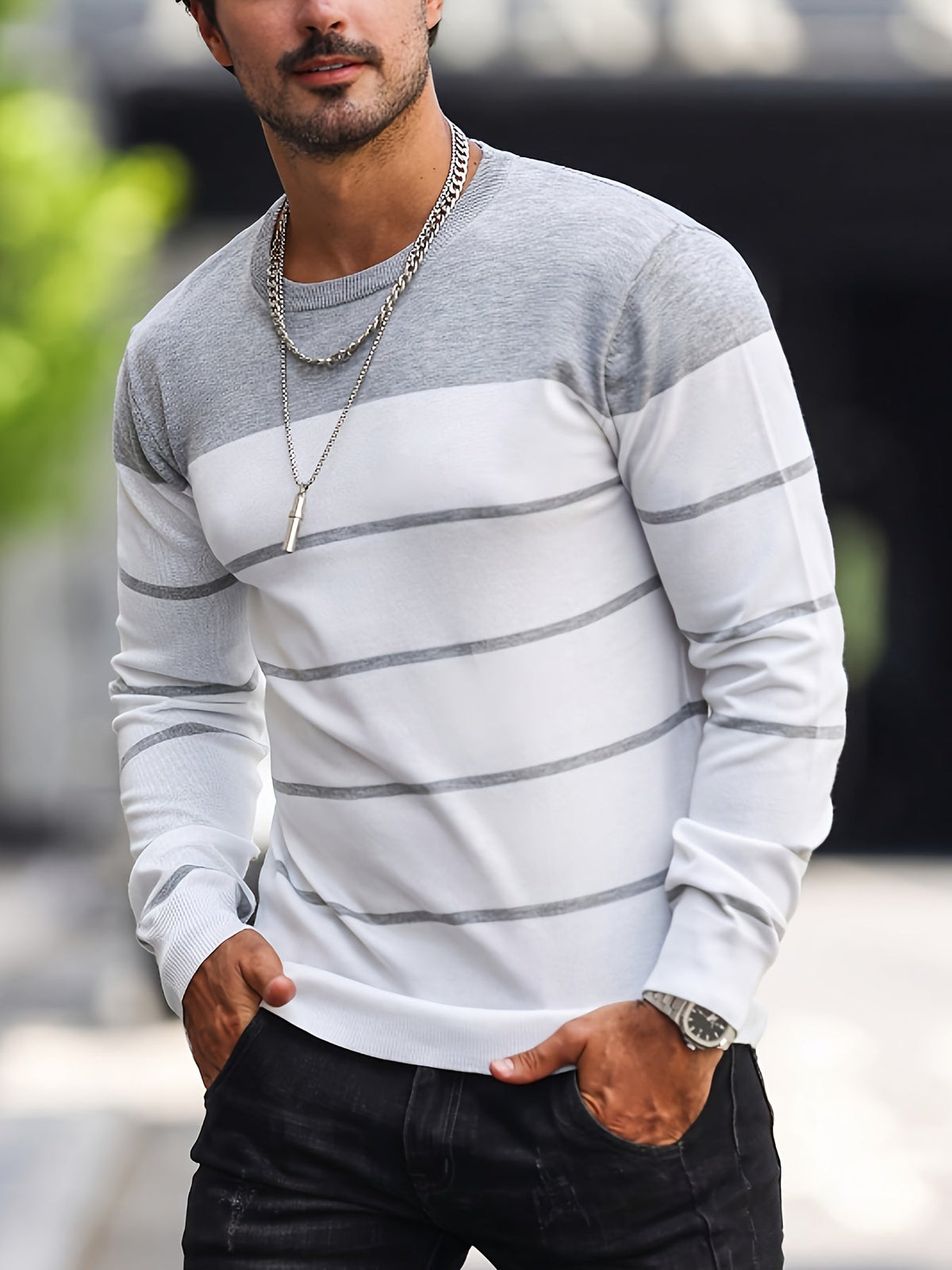 Helvano | Gestreifter Strickpullover mit Rundhals für Herren