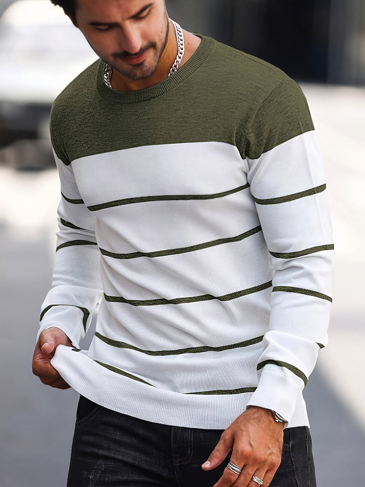 Helvano | Gestreifter Strickpullover mit Rundhals für Herren