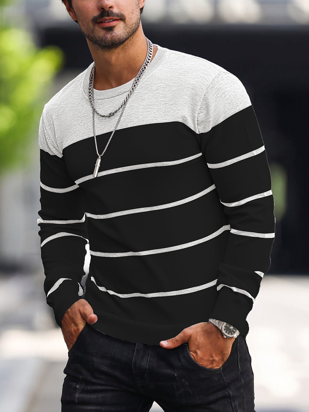 Helvano | Gestreifter Strickpullover mit Rundhals für Herren