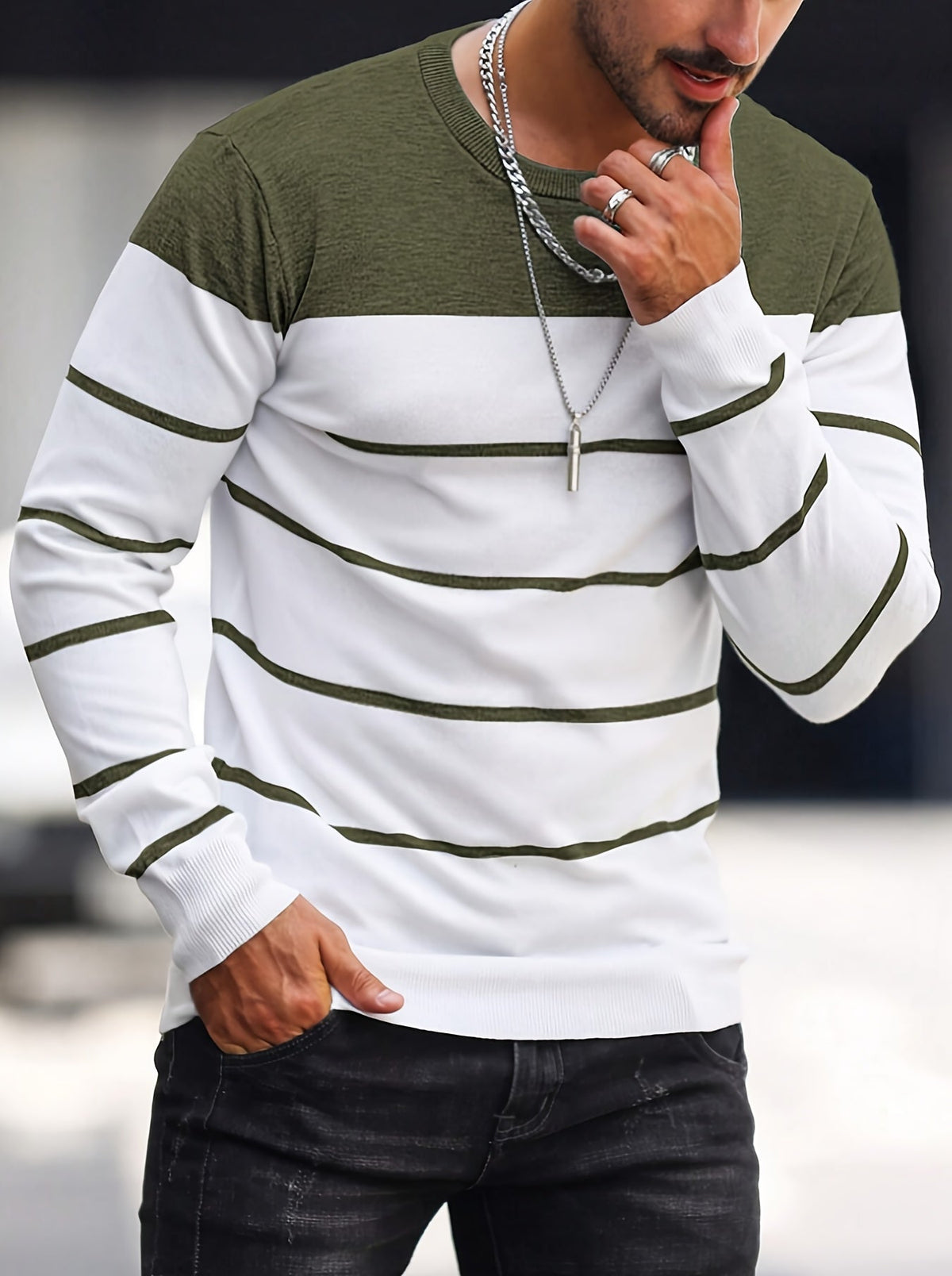 Helvano | Gestreifter Strickpullover mit Rundhals für Herren