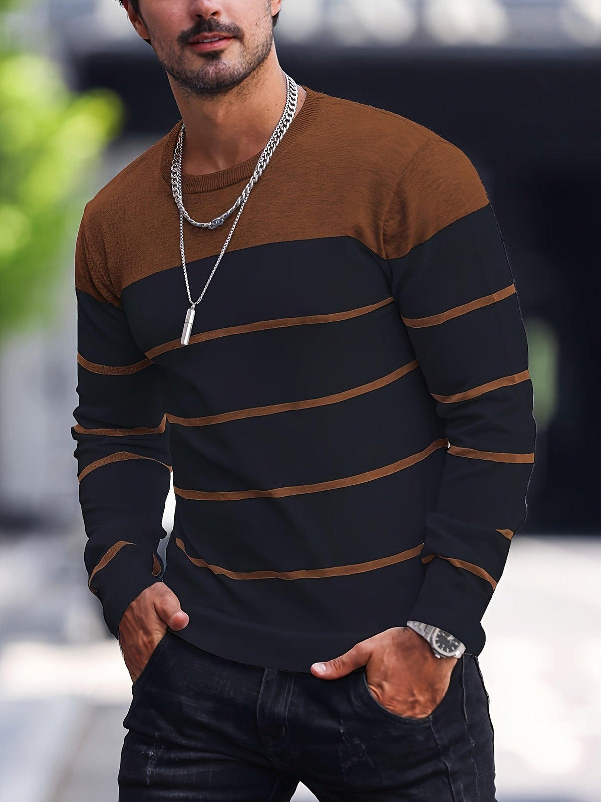 Helvano | Gestreifter Strickpullover mit Rundhals für Herren